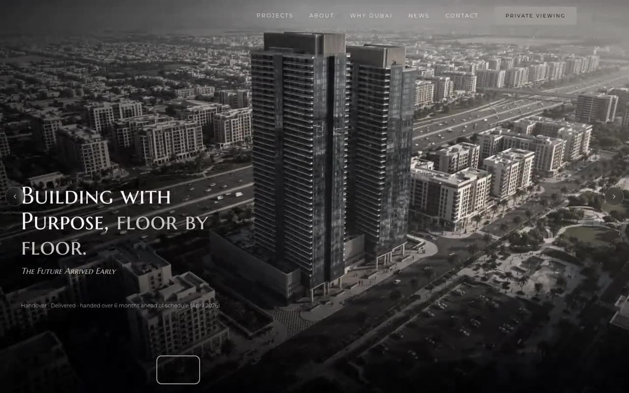 Homepage hero of a Dubai property developer website with a WebGL depth effect